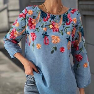 Anthropologie Kindred Blue Chambray Floral Embroidery Top